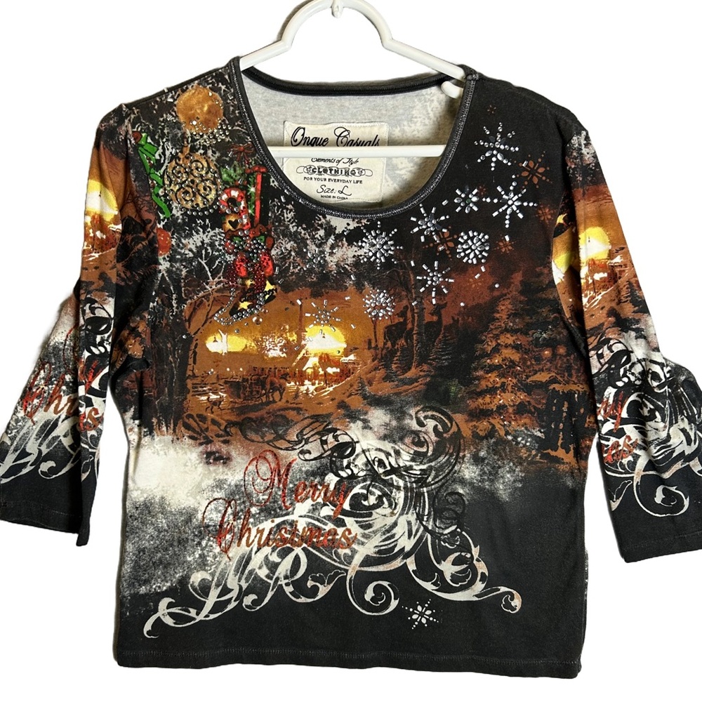 VTG Onque Casuals Size Large Women’s Embellished Pullover Christmas Top‎